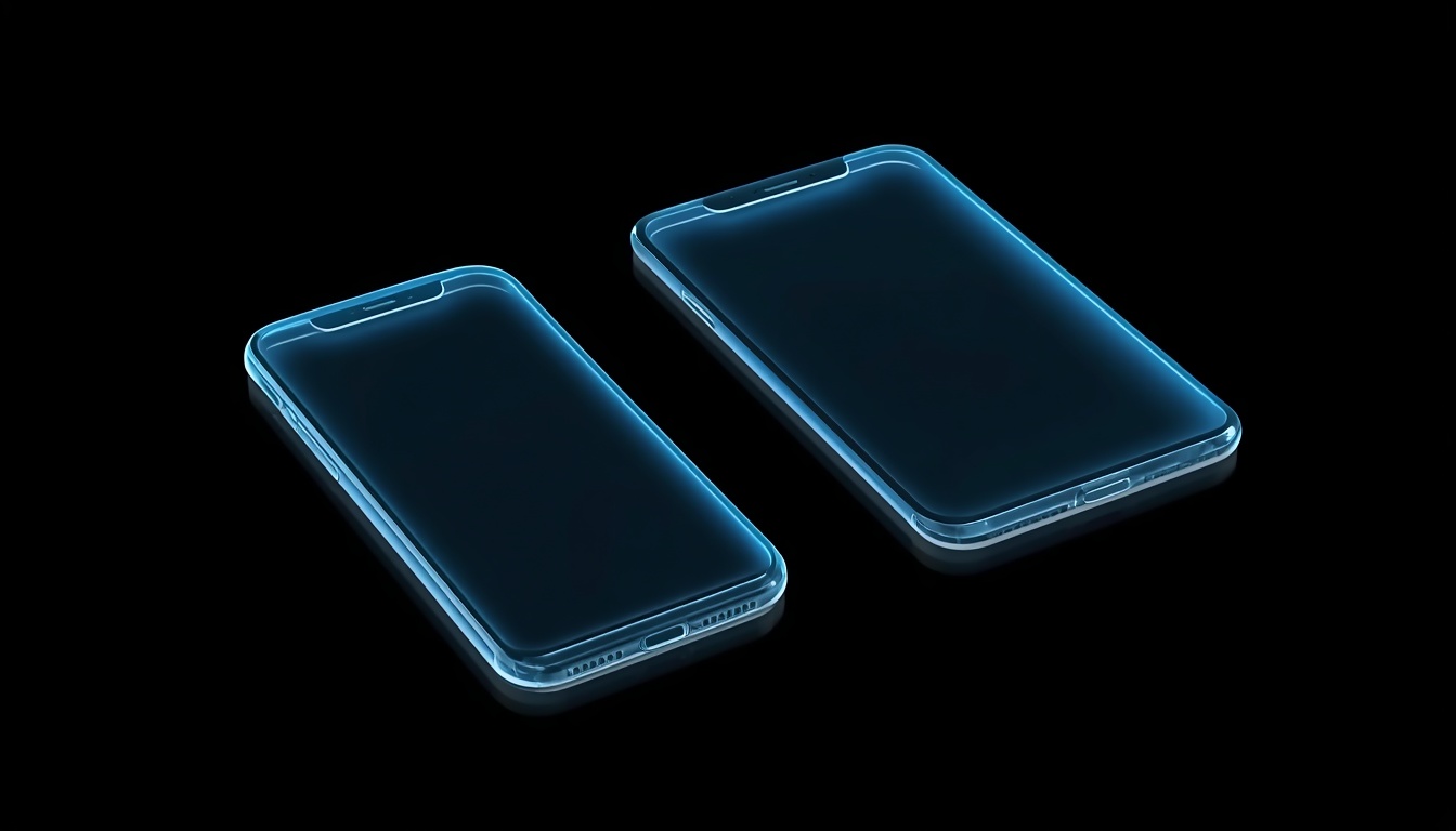 Два стеклянных силуэта смартфонов с погасшими экранами и синей подсветкой граней